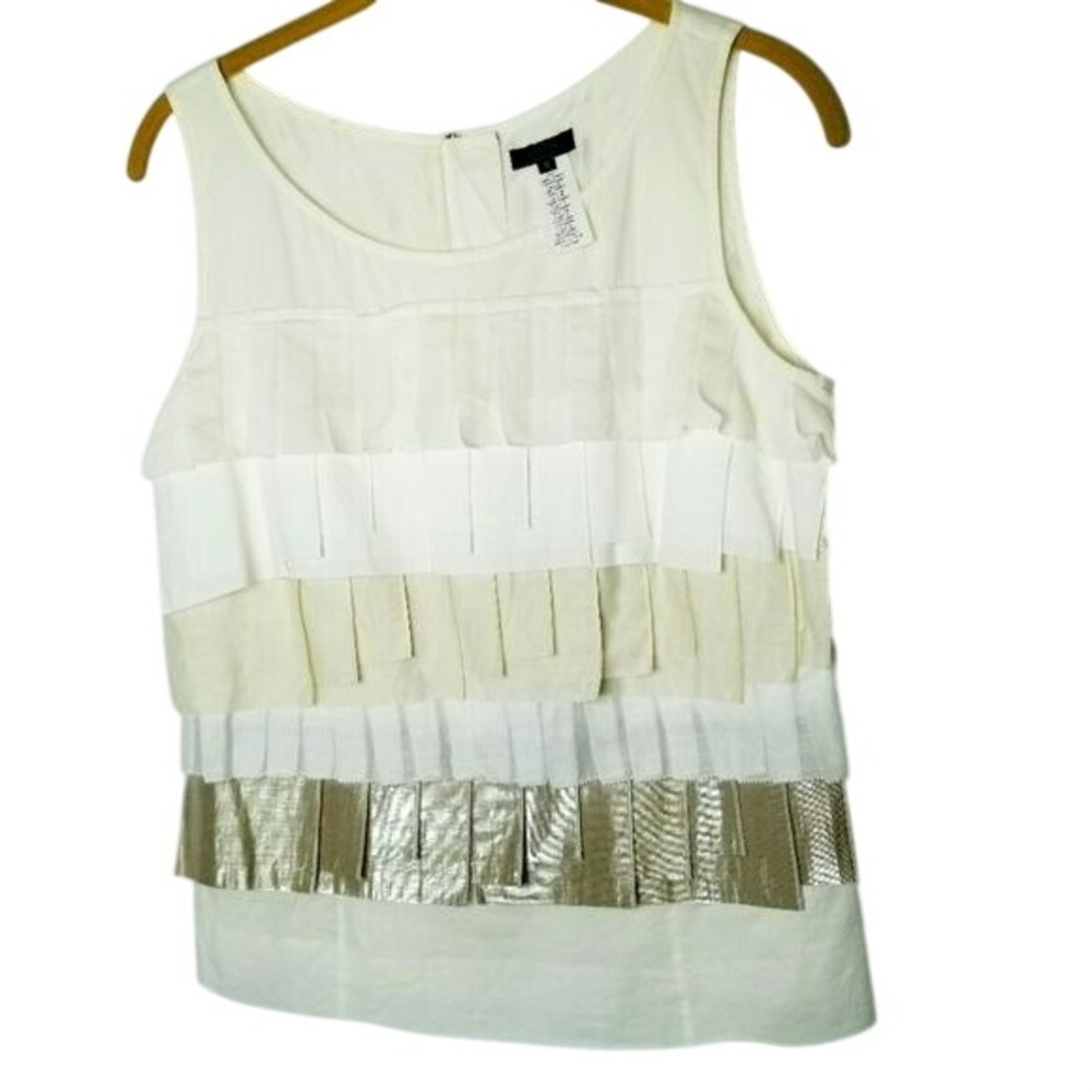 J Crew Collection‎ Ivory Silk Cotton Layered Ruffle Tank Top Size 6 Metallic NYE